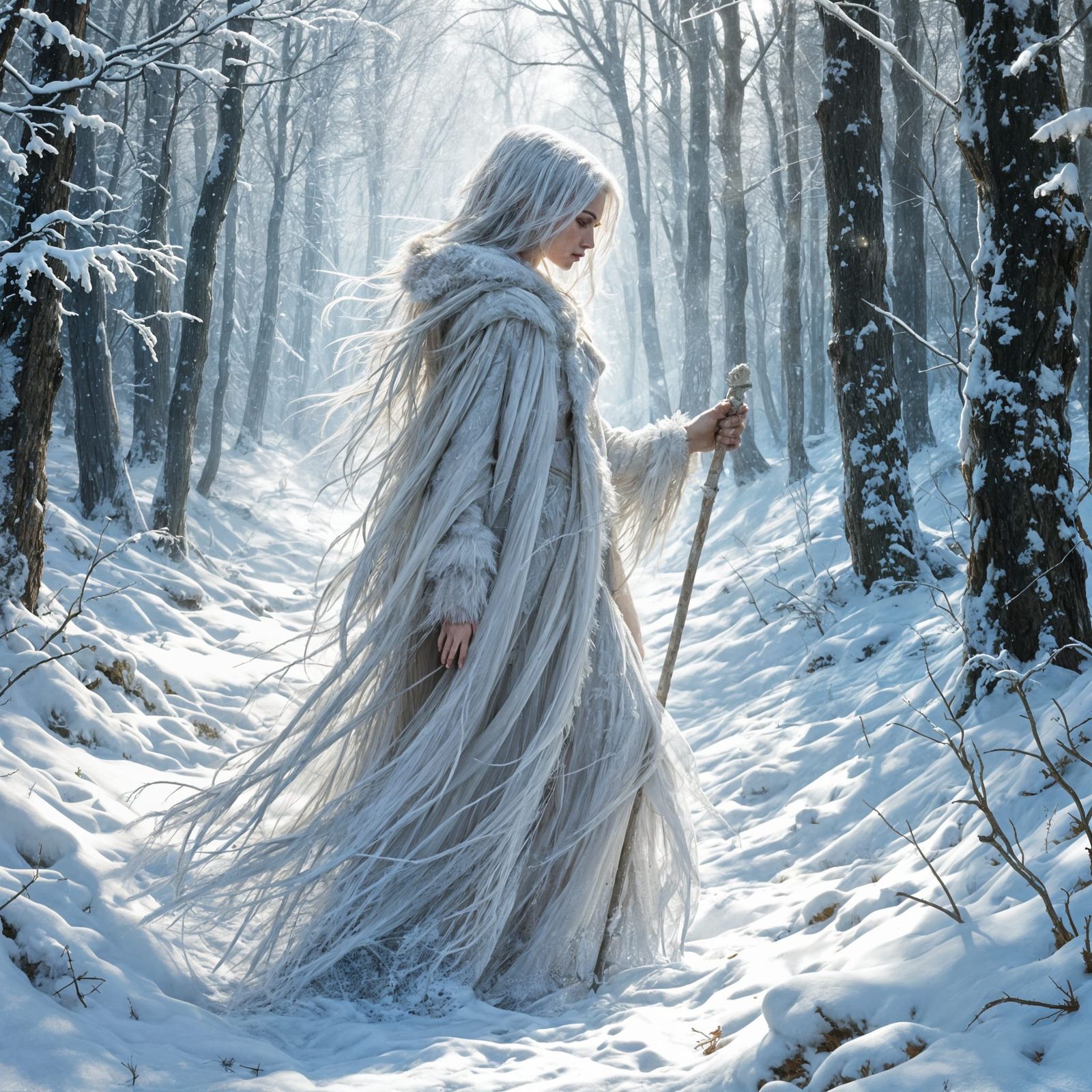 White-Haired Witch in Frozen Forest, Dark Fantasy Style