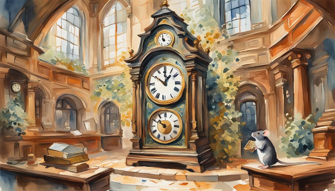 Mouse Runs Down Clock in Gouache Watercolor Style