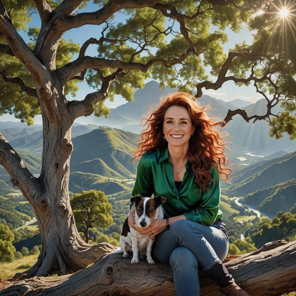 Fantasy Portrait: Woman with Dog in Mountain Landscape