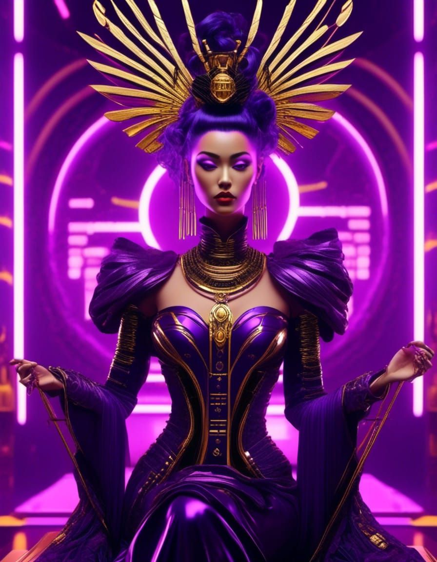 Vaporwave cyberpunk Tarot: The Empress _female Majestic Purple, black with gold Unreal Engine 5 8K resolution <lora:Murr...