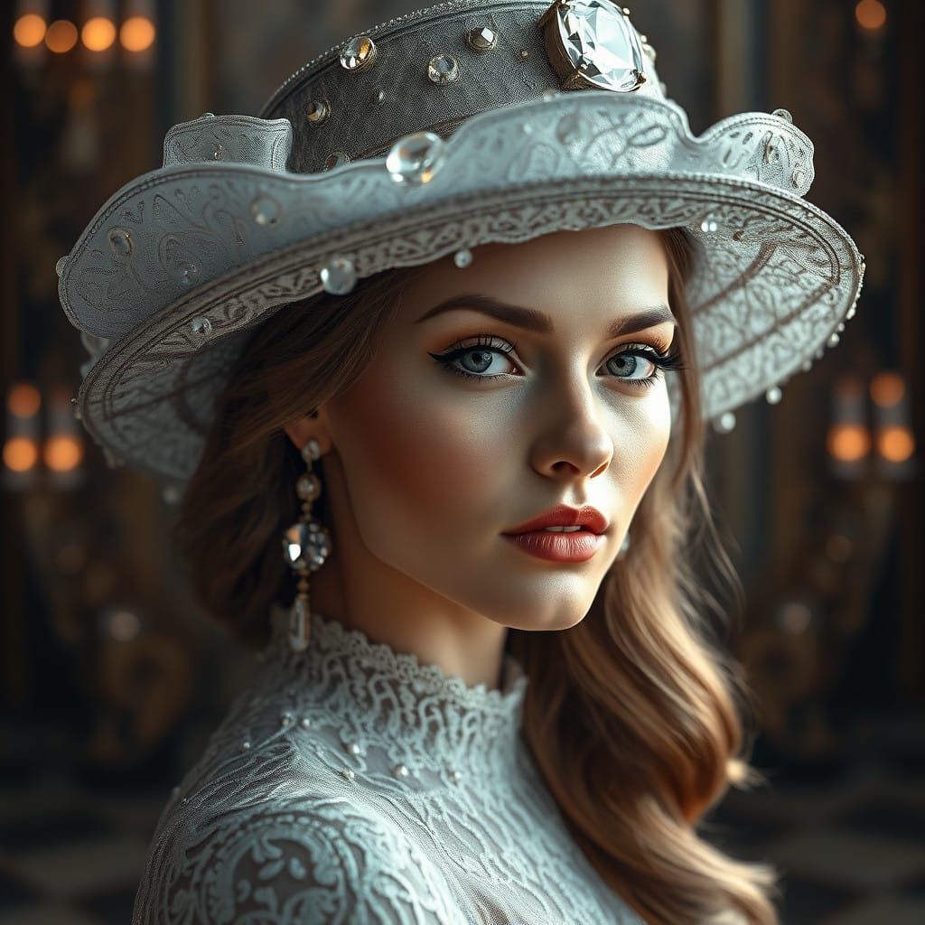 Elegant Woman in Majestic Silver Lace Hat with Glittering Ge...