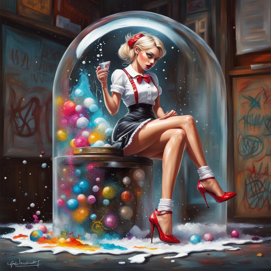 Maid in fishnet stockings, mini-skirt and heels in perfect Snow globe under parchment book