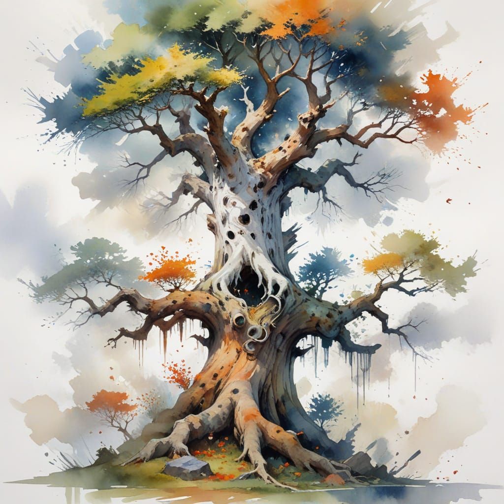 Ancient Tree Spirit Emerges From Oak in Watercolour Style