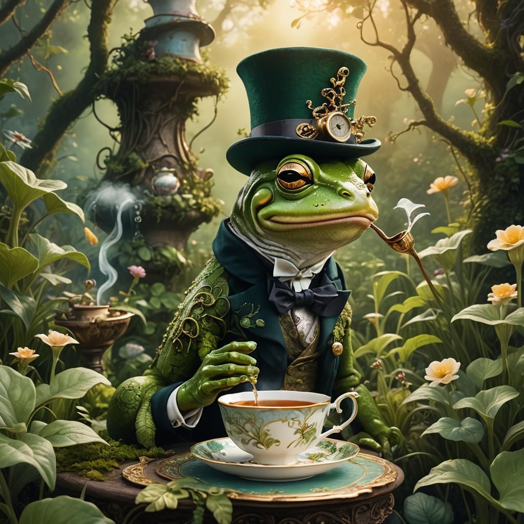 Frog in Top Hat Drinking Tea in Garden