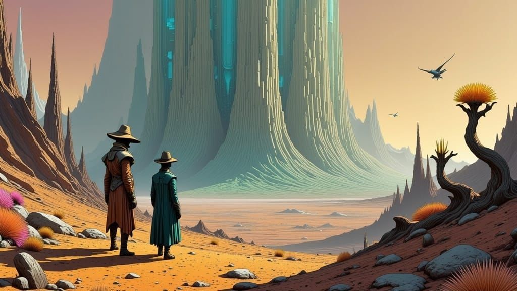 Surreal Desert Landscape in Arthur Rackham Style