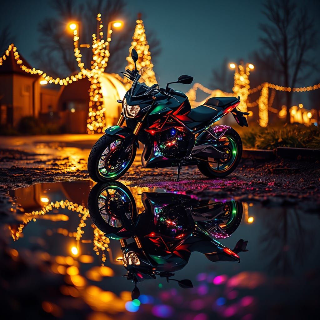 Sleek Christmas Motorcycle Captured in Glowing Reflection