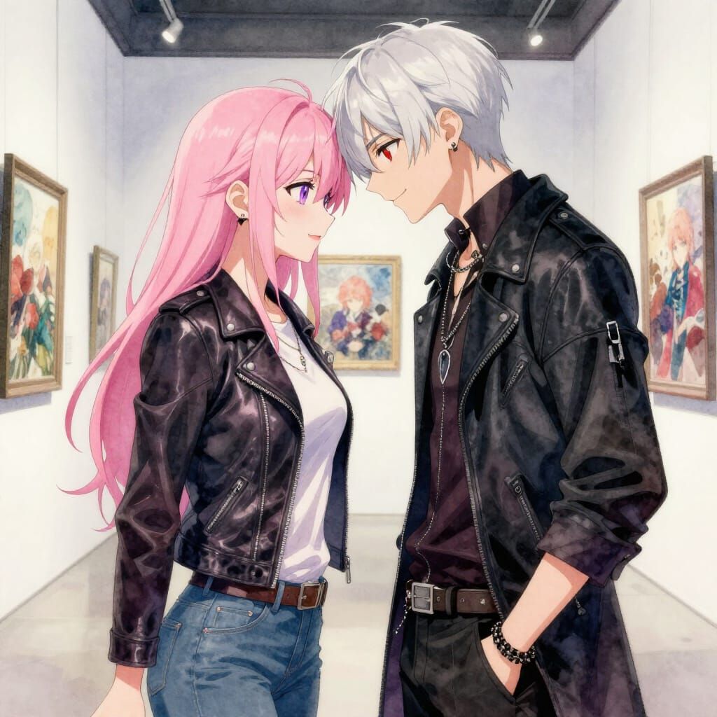 Pink Haired Woman and White Haired Man Press Foreheads in Ar...