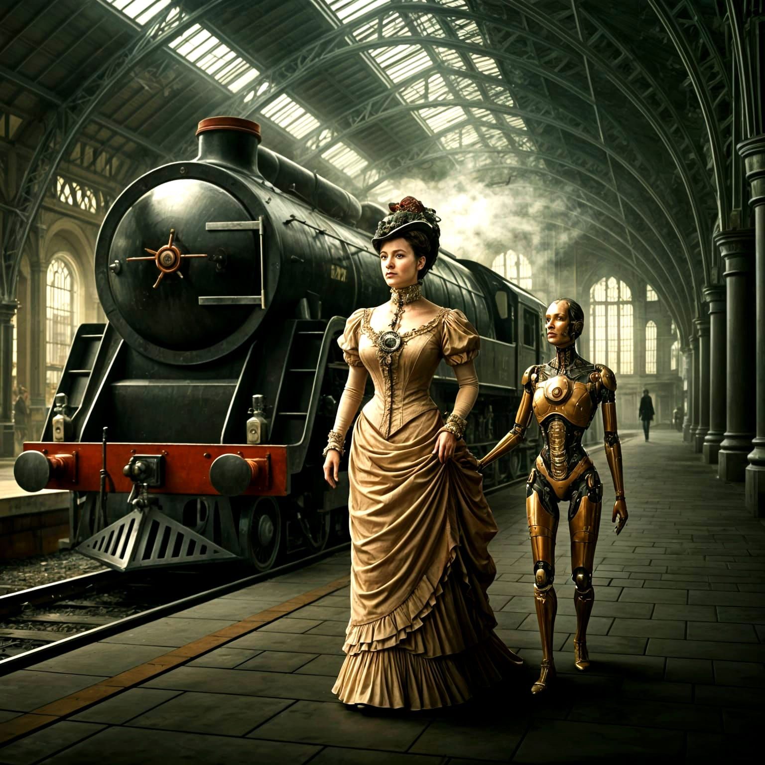 Victorian Woman Walks Beside a Train with a Cybernetic Compa...