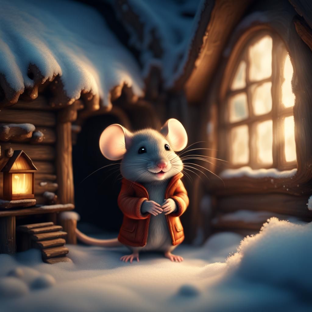 Cute Mouse in Winter House: Digital Matte Painting