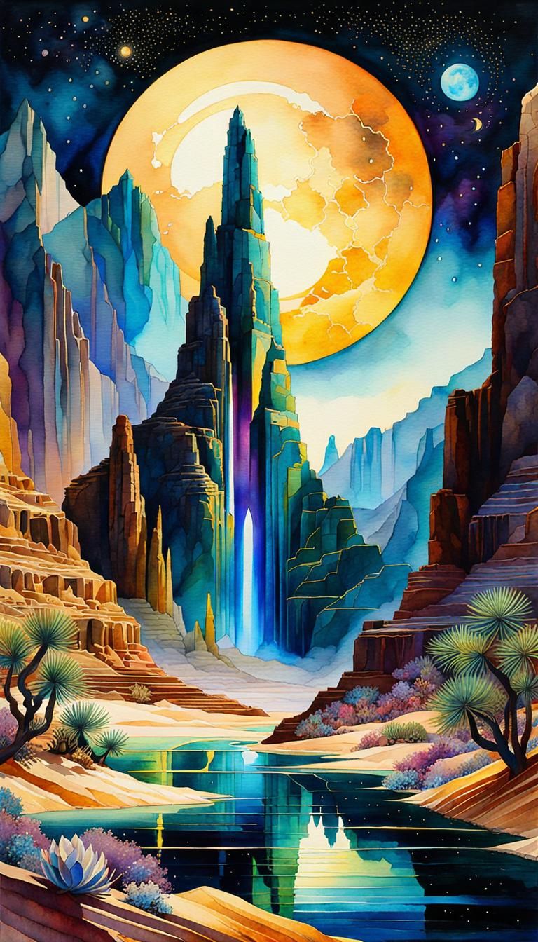 Luminous Desert Canyon in Iridescent Watercolor