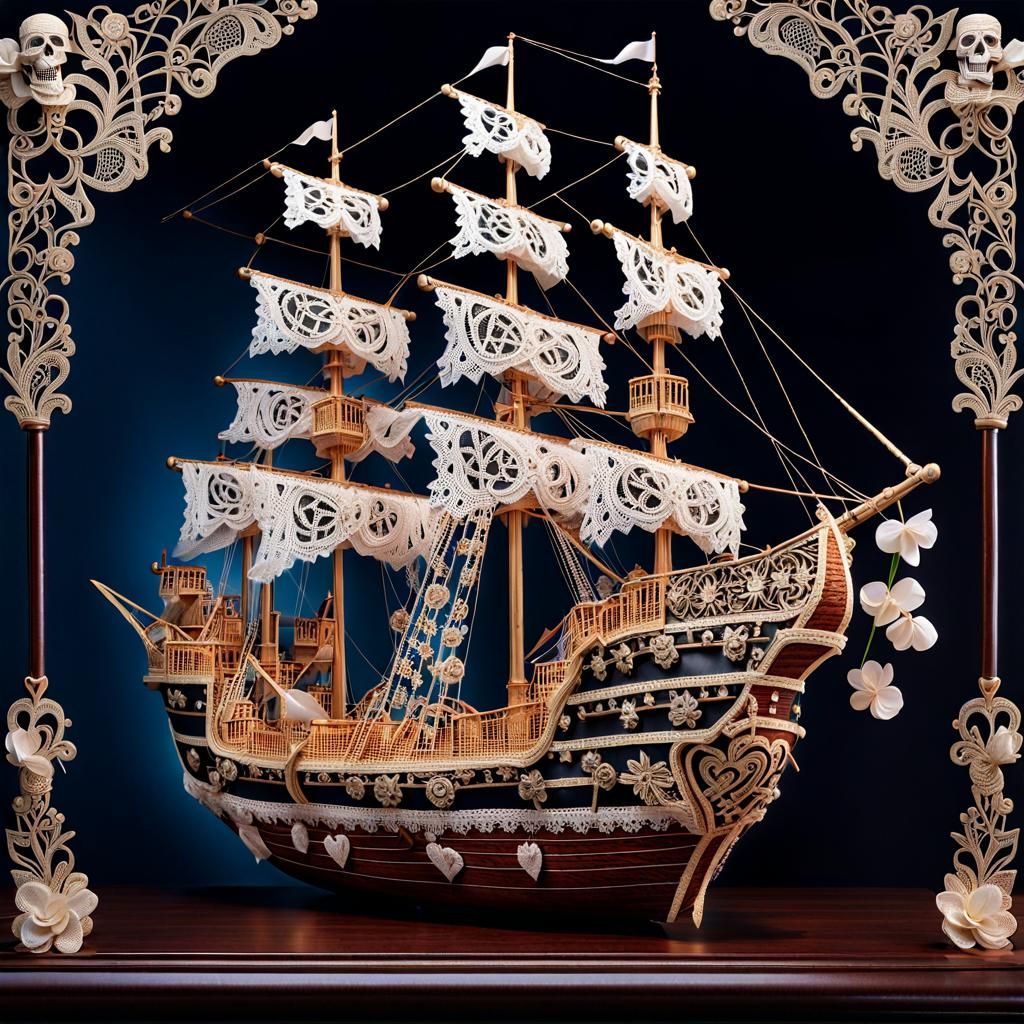 Lace Pirate Ship with Heart Flowers, 3D Artwork