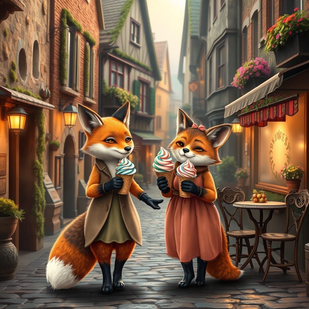 Whimsical Fox and Cat Couple Enjoy Summer Ice Cream Date