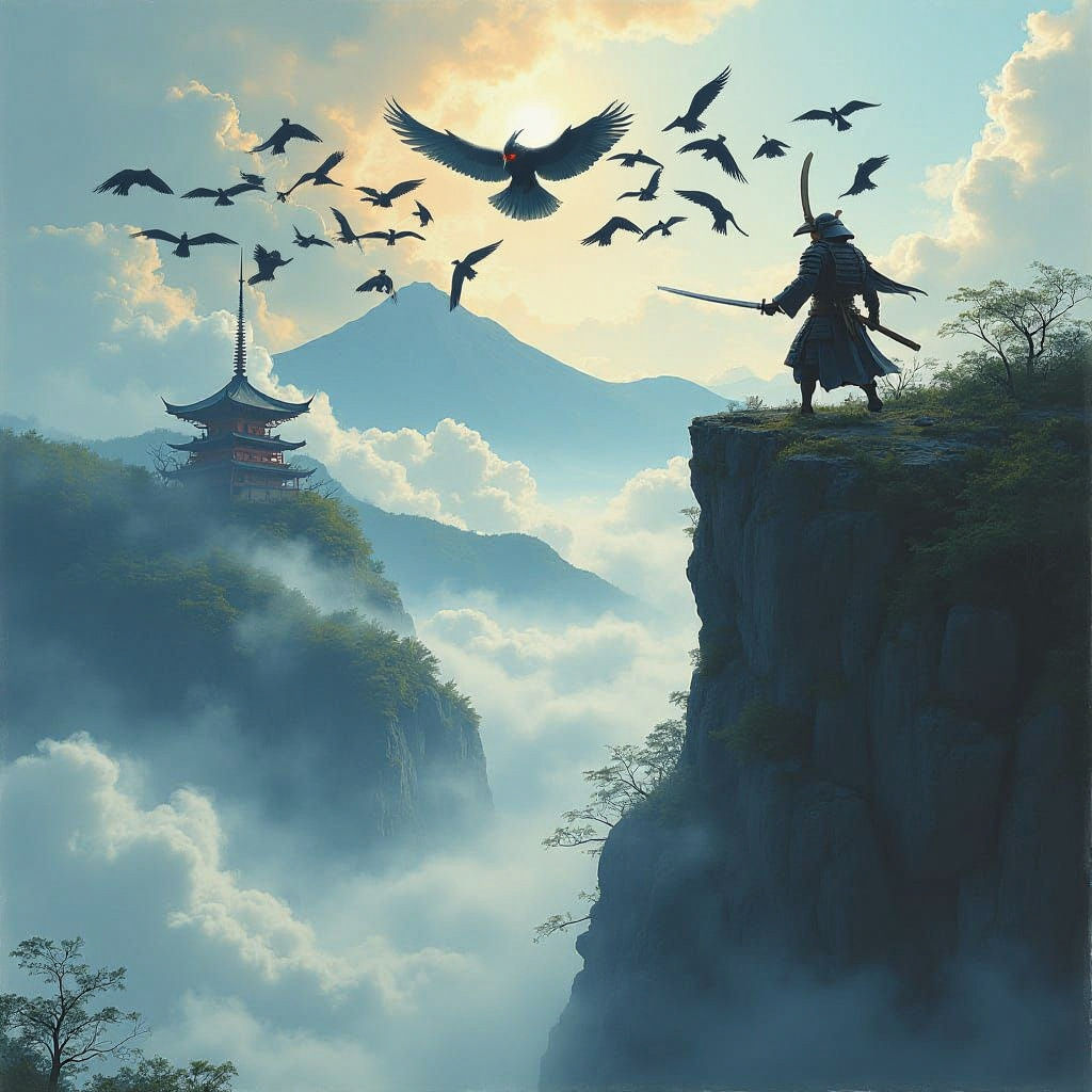 Samurai Warrior Practices Swordsmanship on Cliff Edge