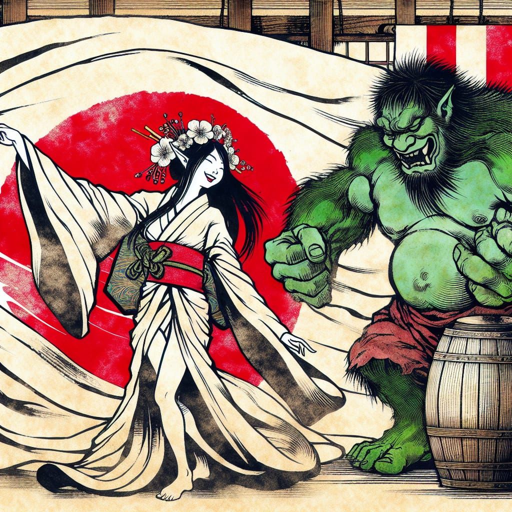 Japanese Fairy and Ogre Dance in Fujiyama Art Style