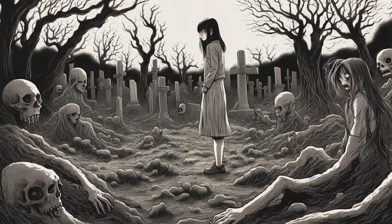 Horror Graveyard Confrontation in Junji Ito Style