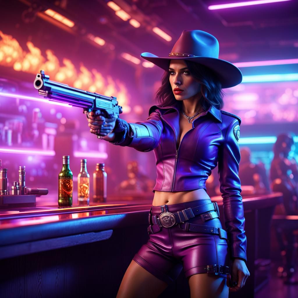 Futuristic Space Cowgirl Gunslinger in Retrowave Bar