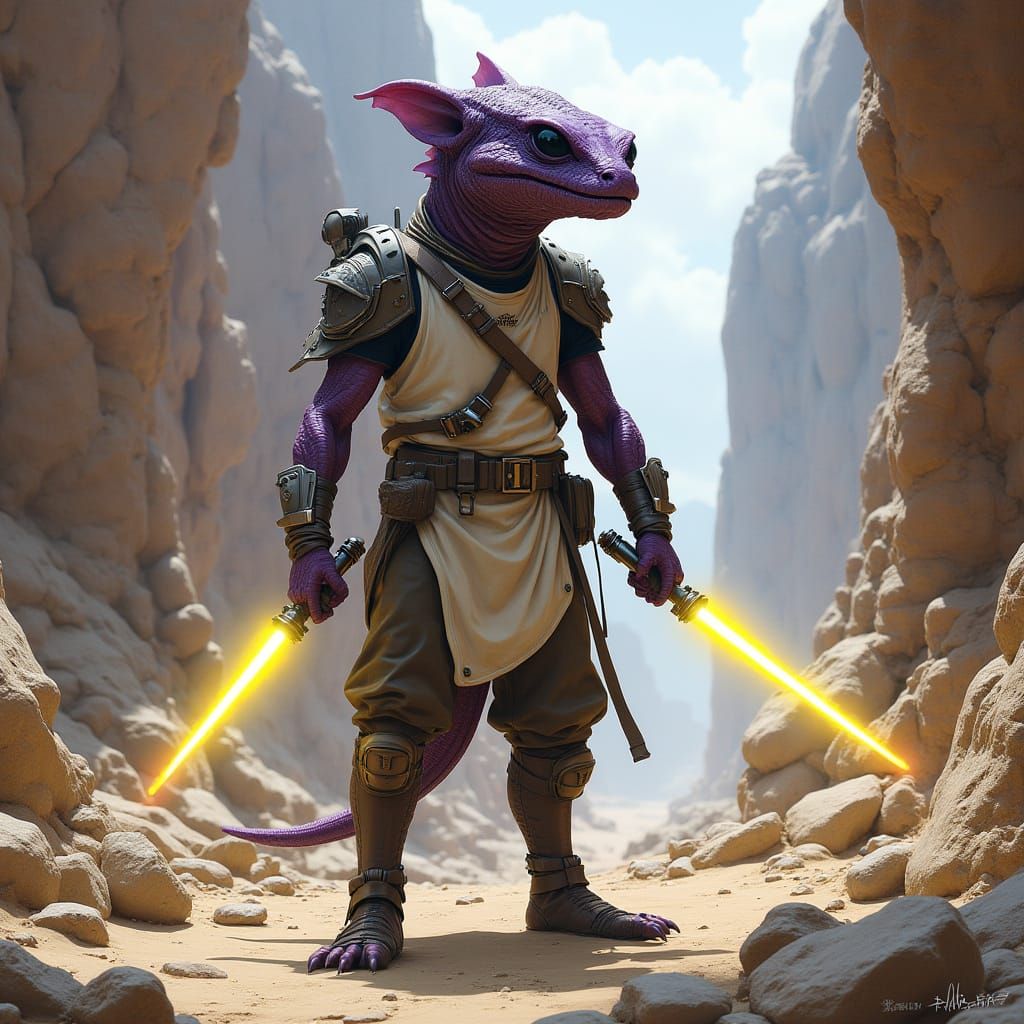 Reptilian Knight Guardian in Rock Canyon, Digital Art