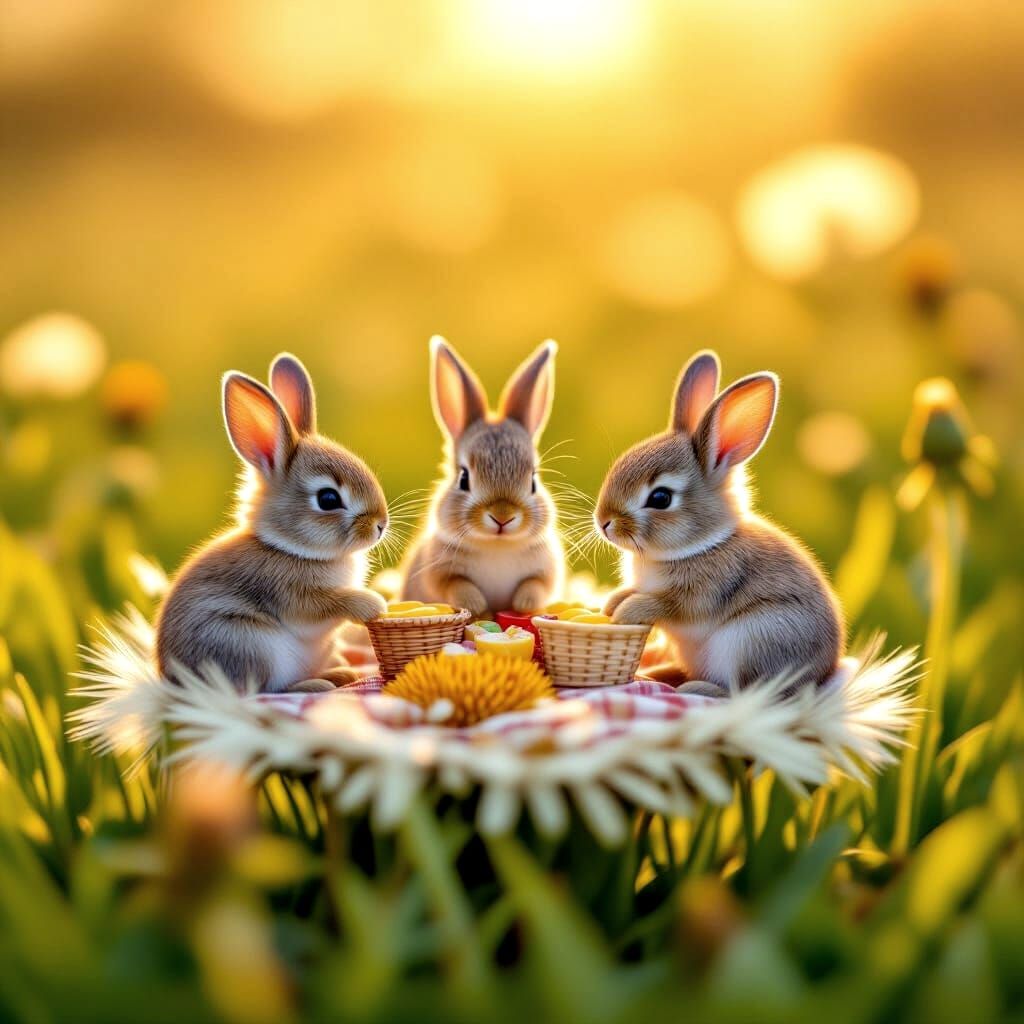 Bunnies Picnic on Dandelion Seed Head in Macro Photograph