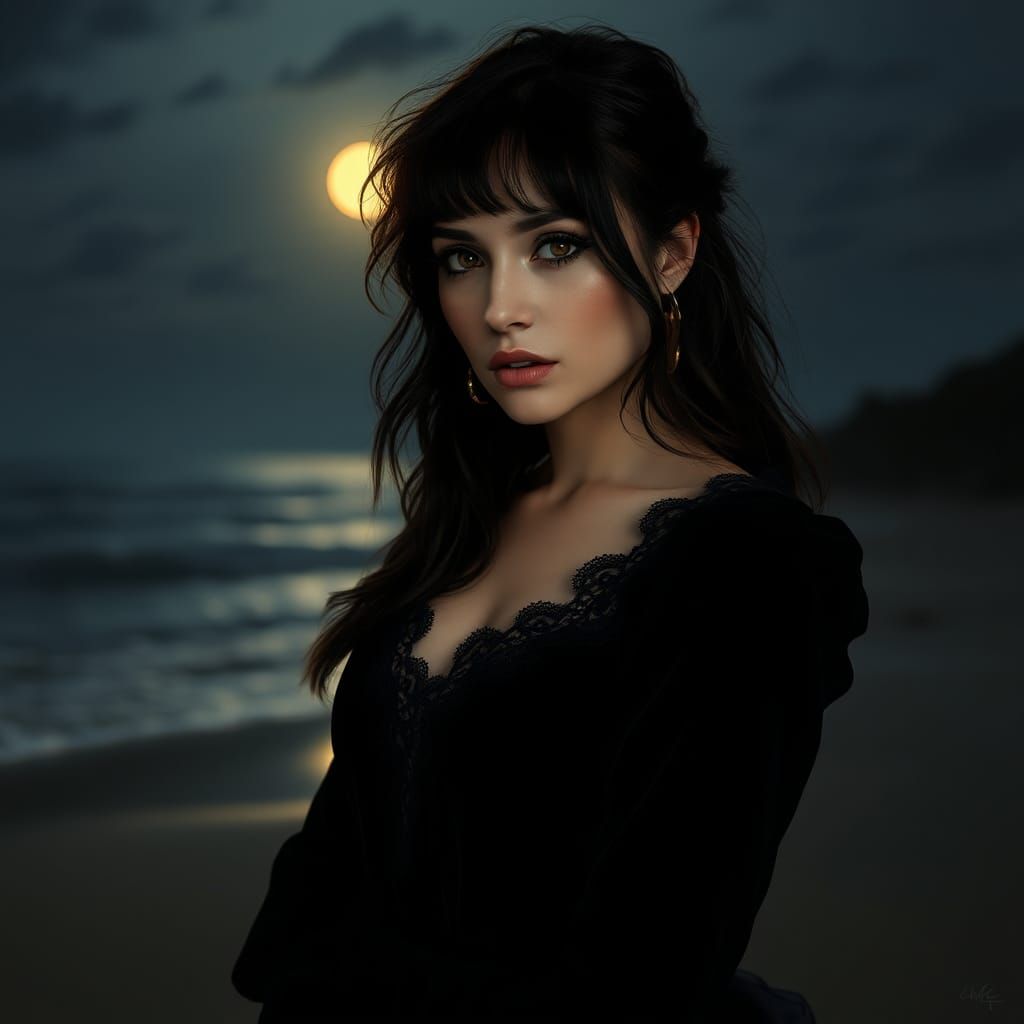 Goth Woman on Moonlit Beach: Hyperrealistic Splash Art