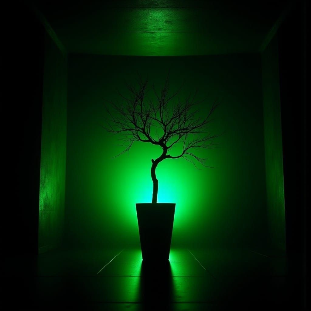 Green Lit Silhouette in Dark Room