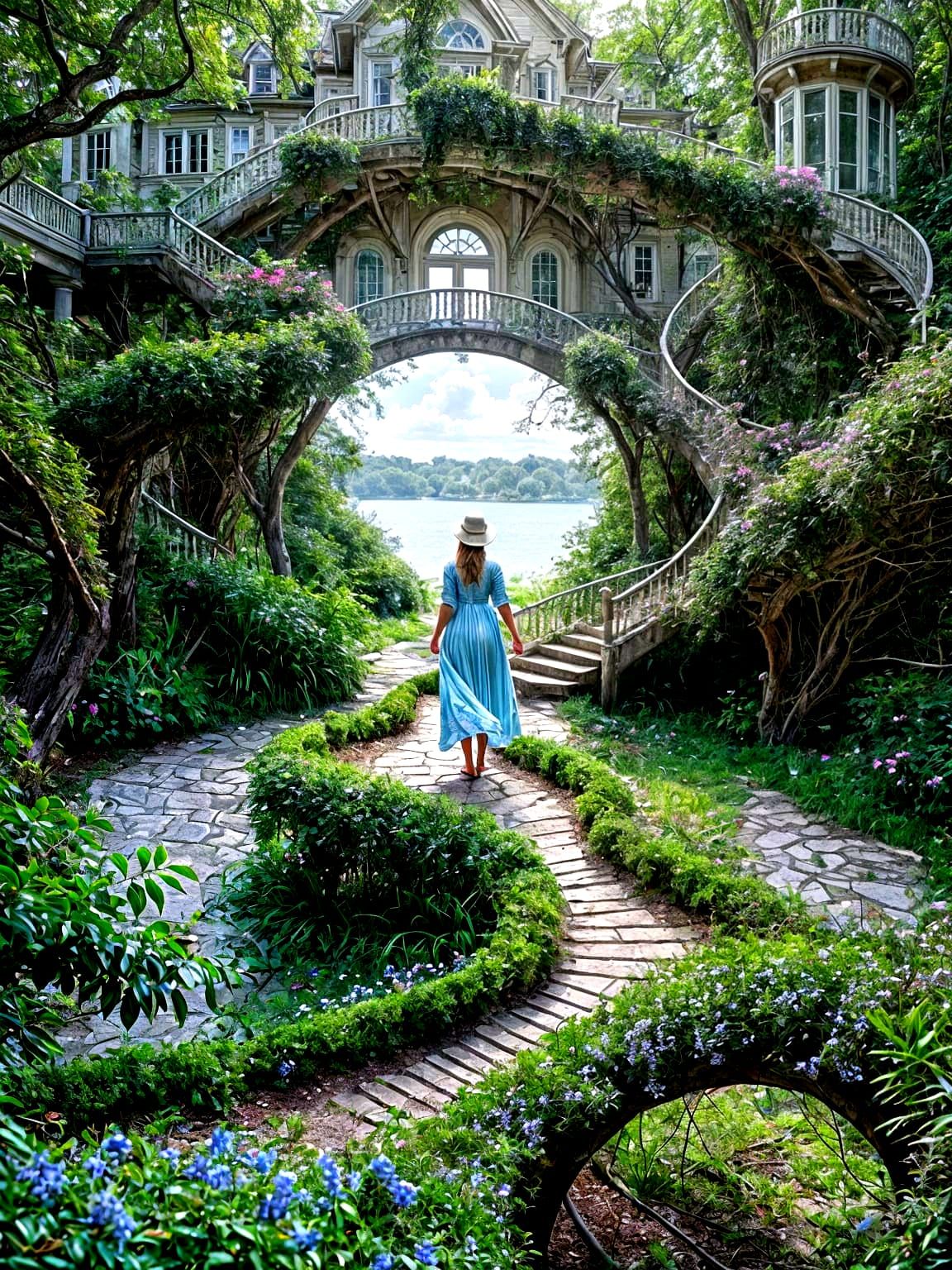 Whimsical Victorian Mansion Amidst Wildflowers and Sandy Bea...