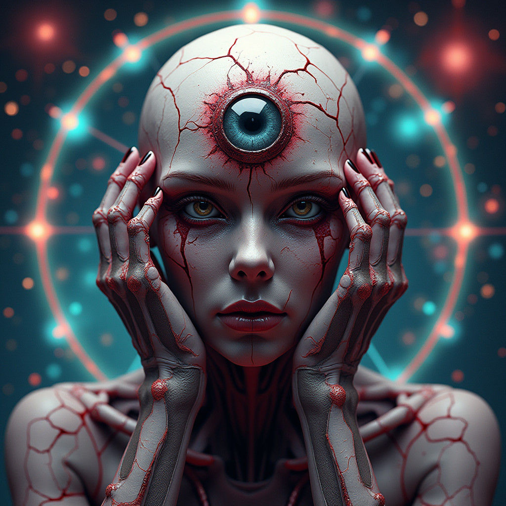 Cracked Mechanized Humanoid in Cosmic Setting