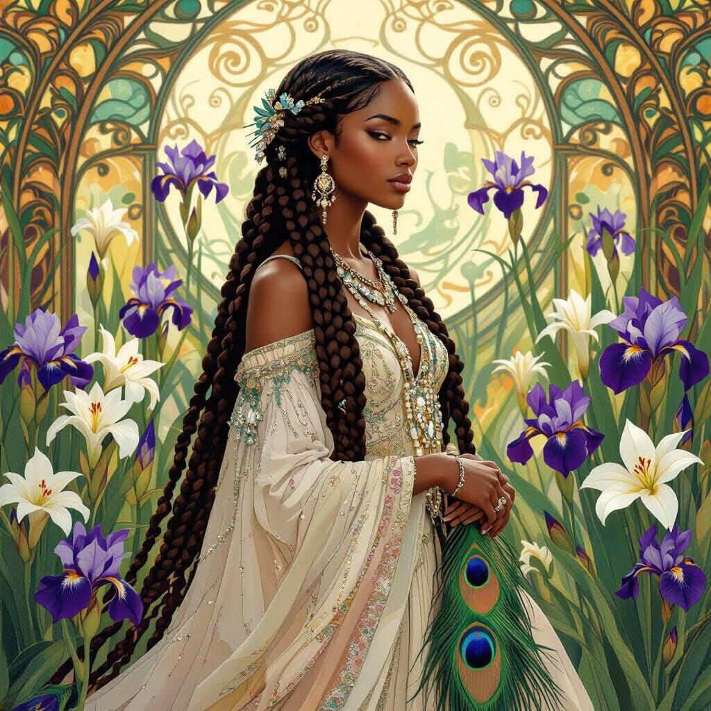 Art Nouveau Woman in Garden with Irises