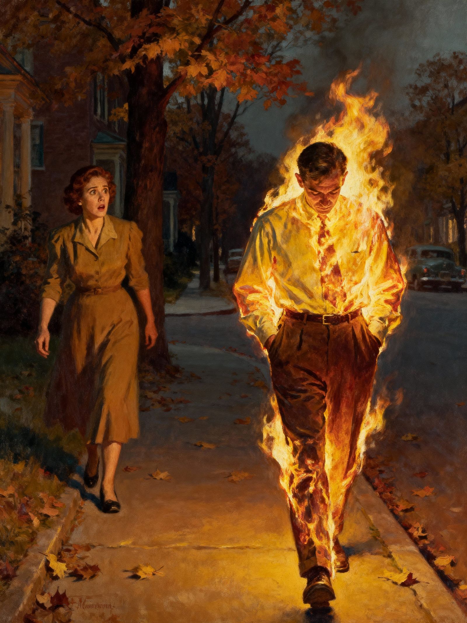 Man on Fire Walks Down Street in Norman Rockwell Style