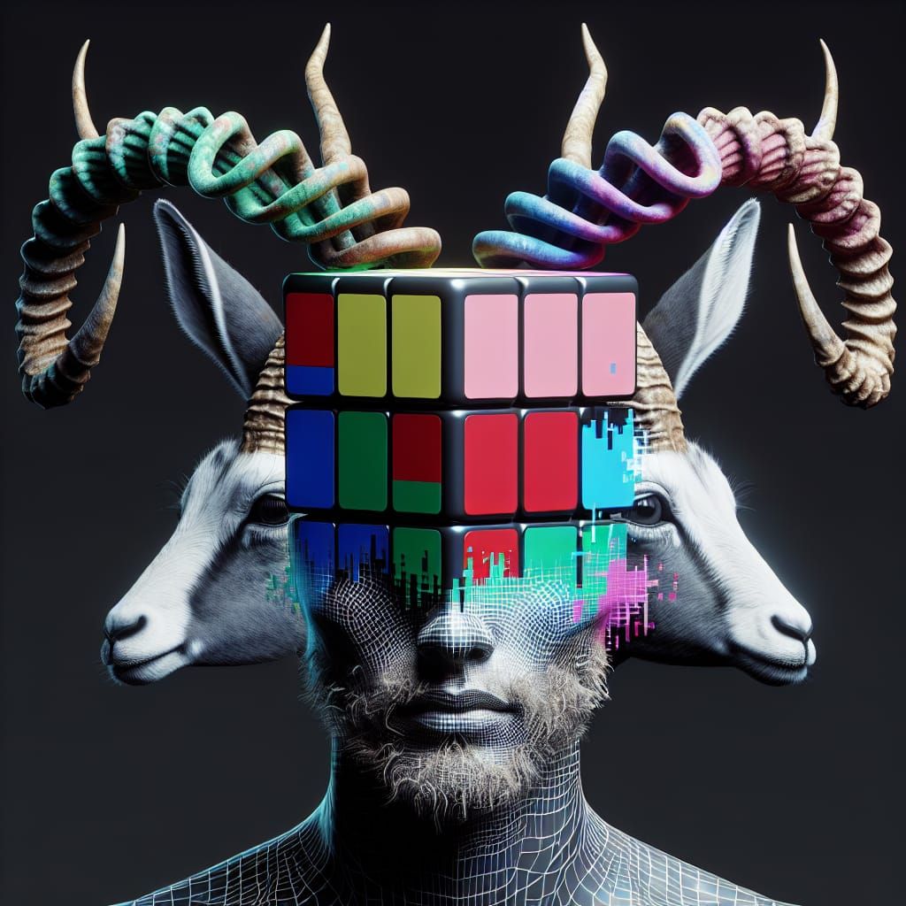 Rubik's Cube Head with Gazelle Horns and Glitch Effects
