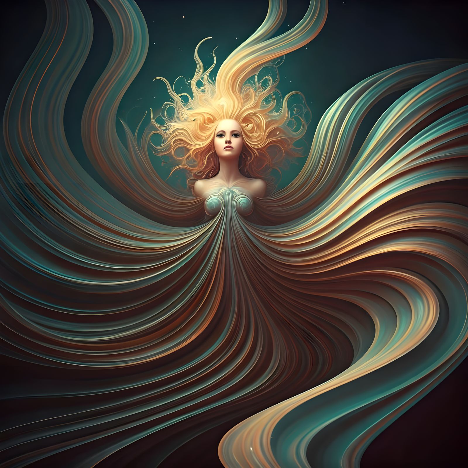 Surreal Woman in Dreamlike Neon Landscape