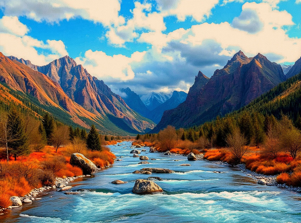 Leather Landscape with Clouds, Mountains, and Stream