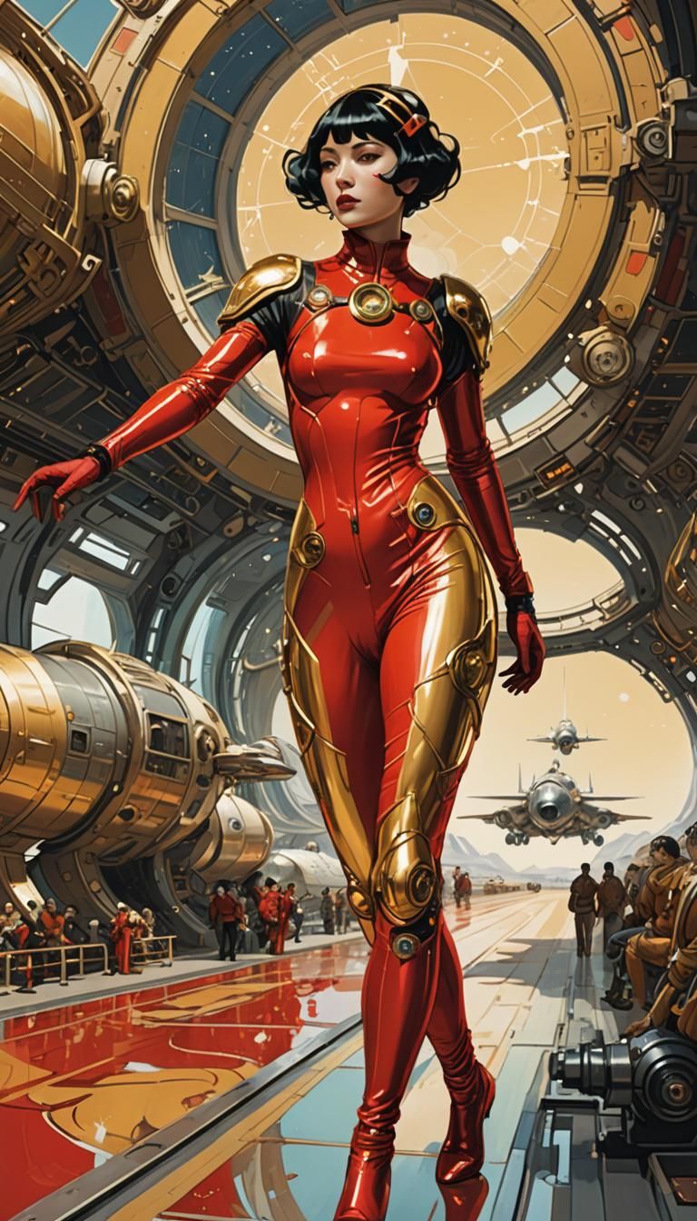 Spaceport Scene in Alphonse Mucha Style