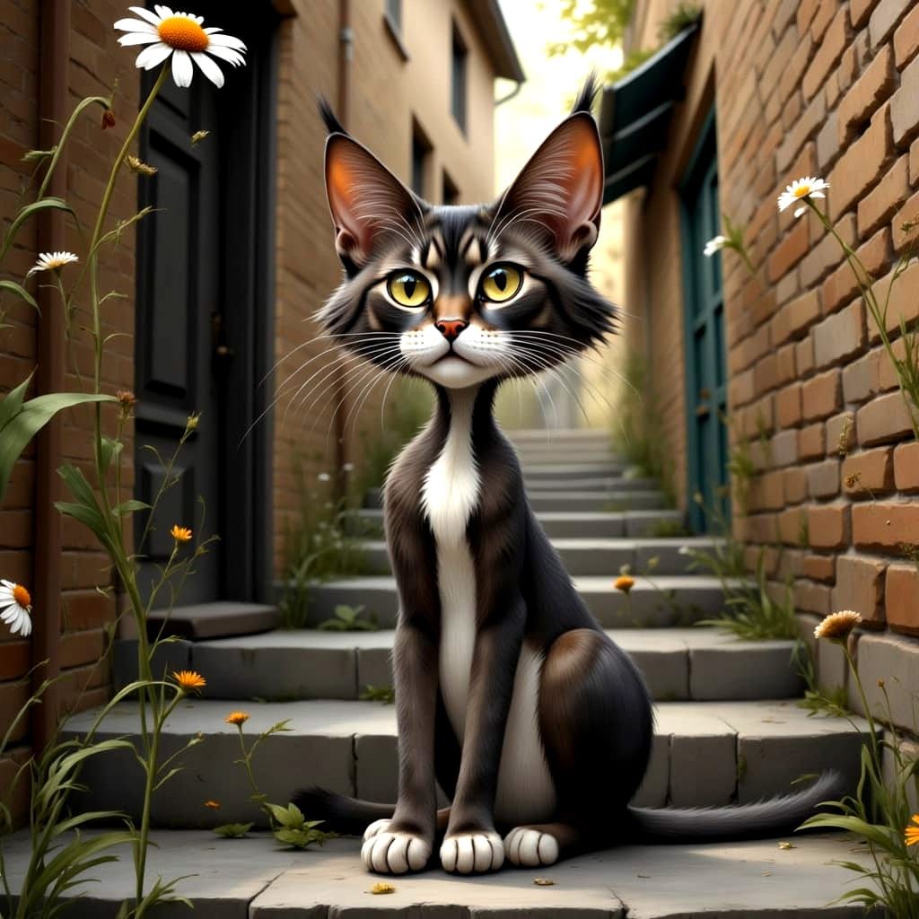 Grumpy Cartoon Cat in Rustic Alley