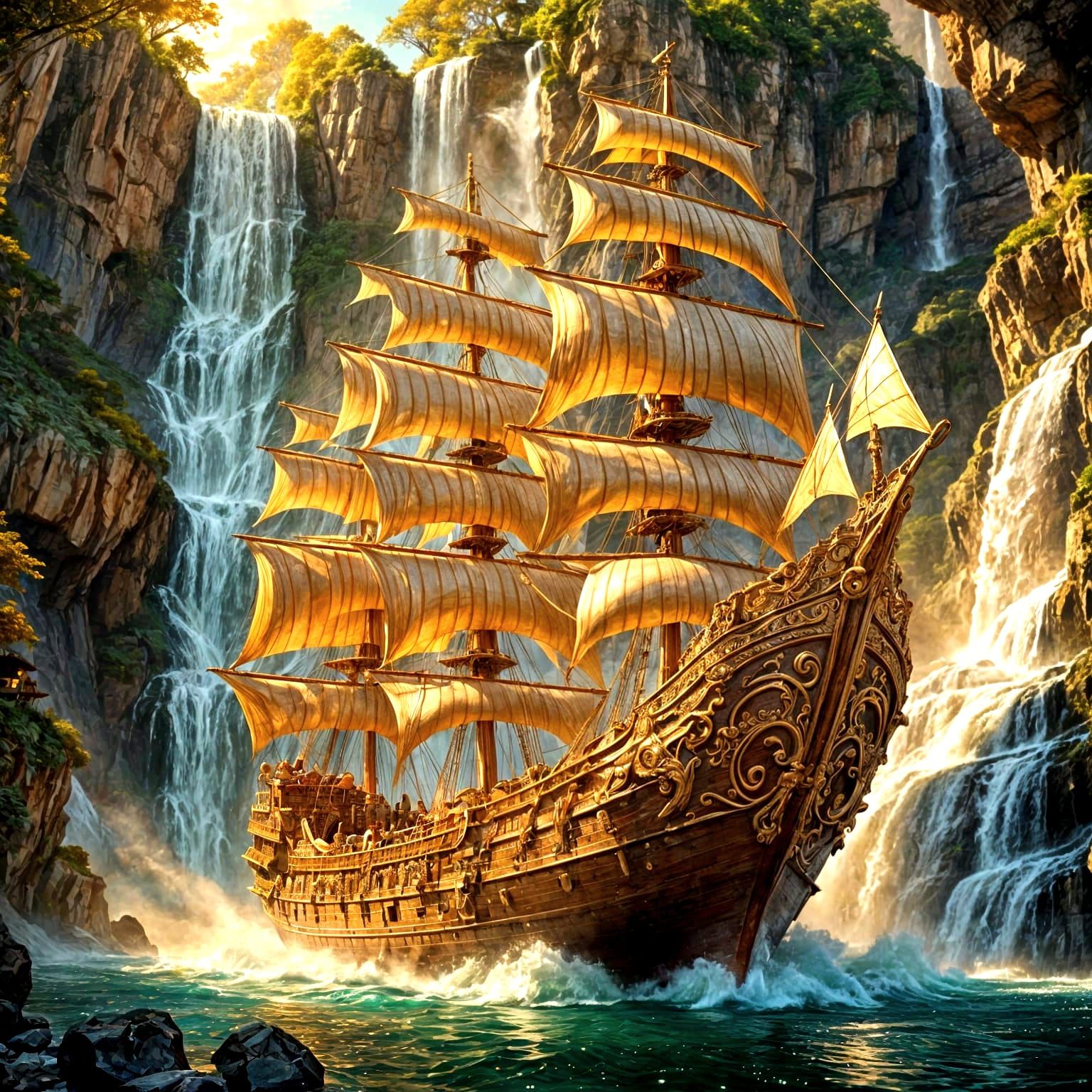 Vintage Ship Sails Past Gigantic Waterfall