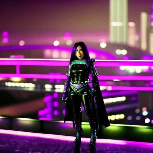 Cyberpunk Woman on Skybridge with Neon City View