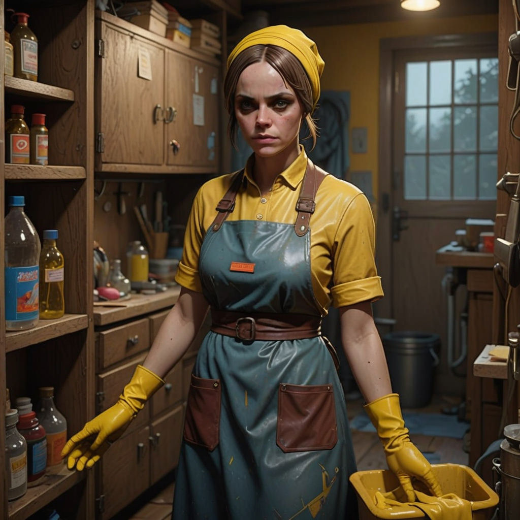 Tired Charwoman in a Cleaning Closet