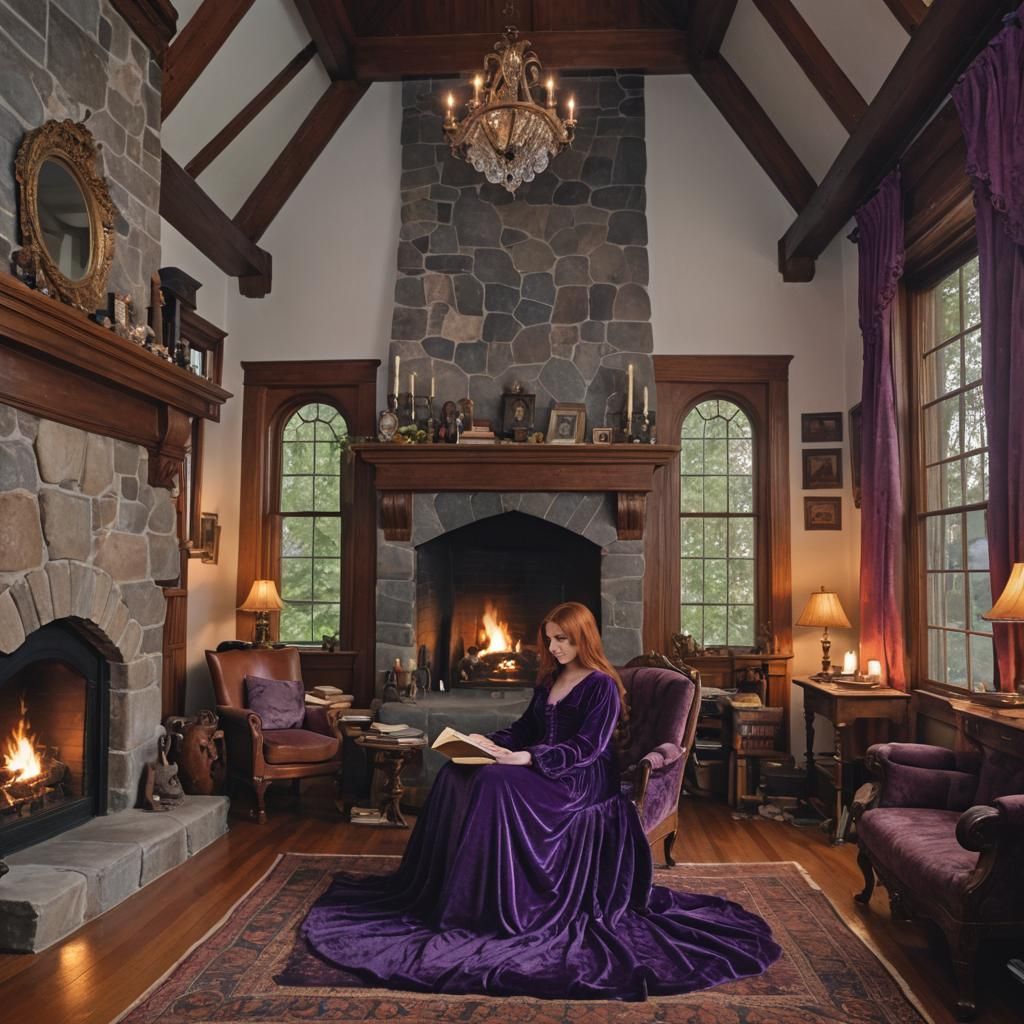 An antique mansion Bedroom with a huge river rock fireplace and thick oak mantle. A sitting chair with a beautiful 35-ye...