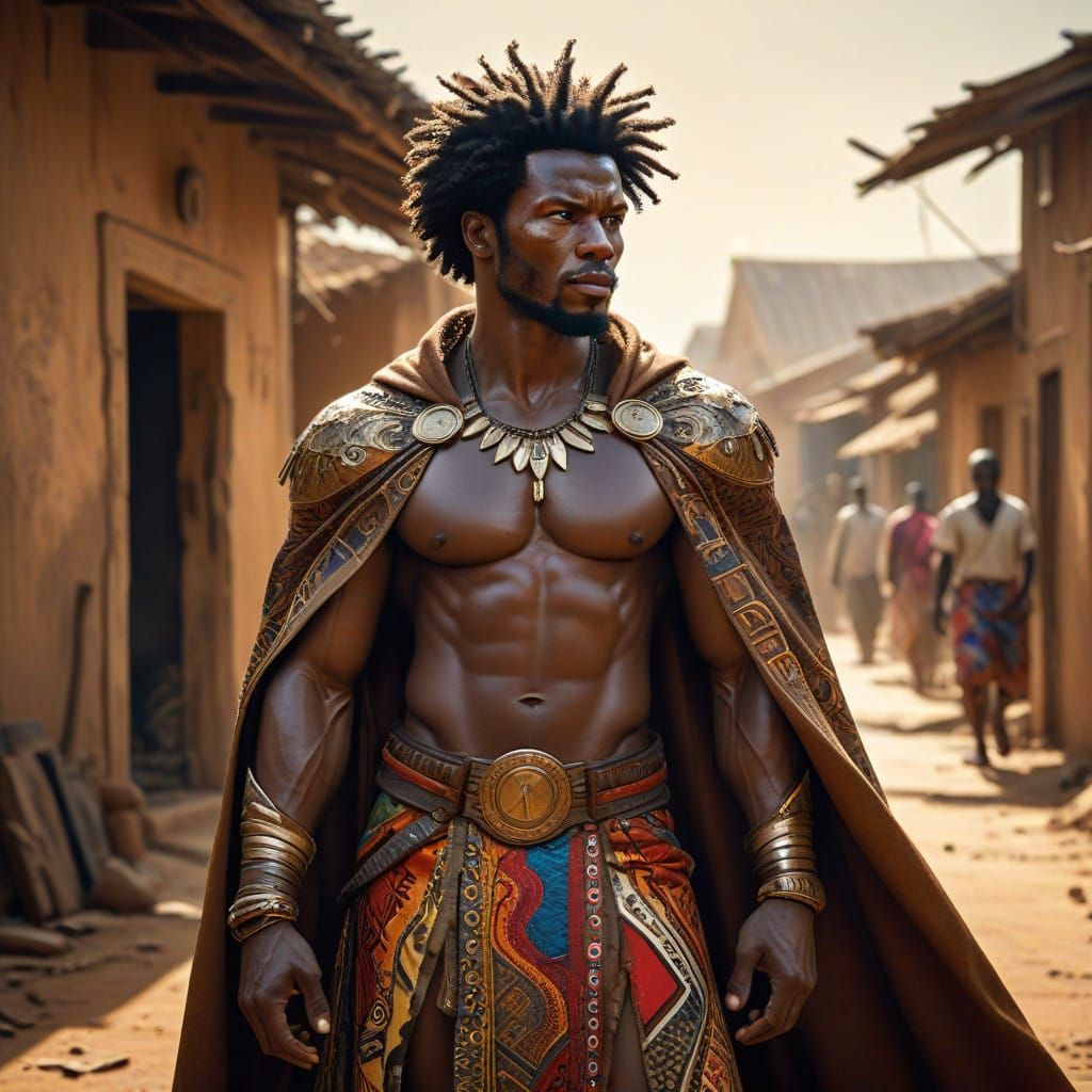 Confident African Warrior in Vibrant Village