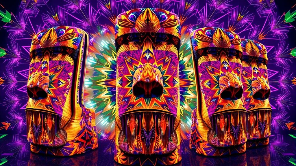 Kaleidoscopic Easter Island Statues in Psychedelic Digital A...
