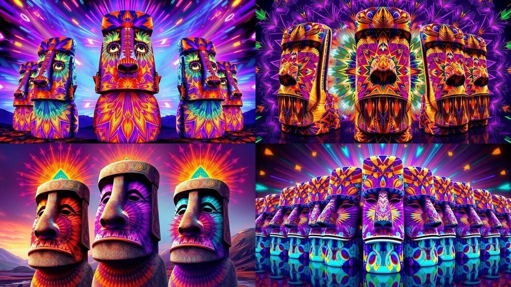 Kaleidoscopic Easter Island Statues in Psychedelic Op Art