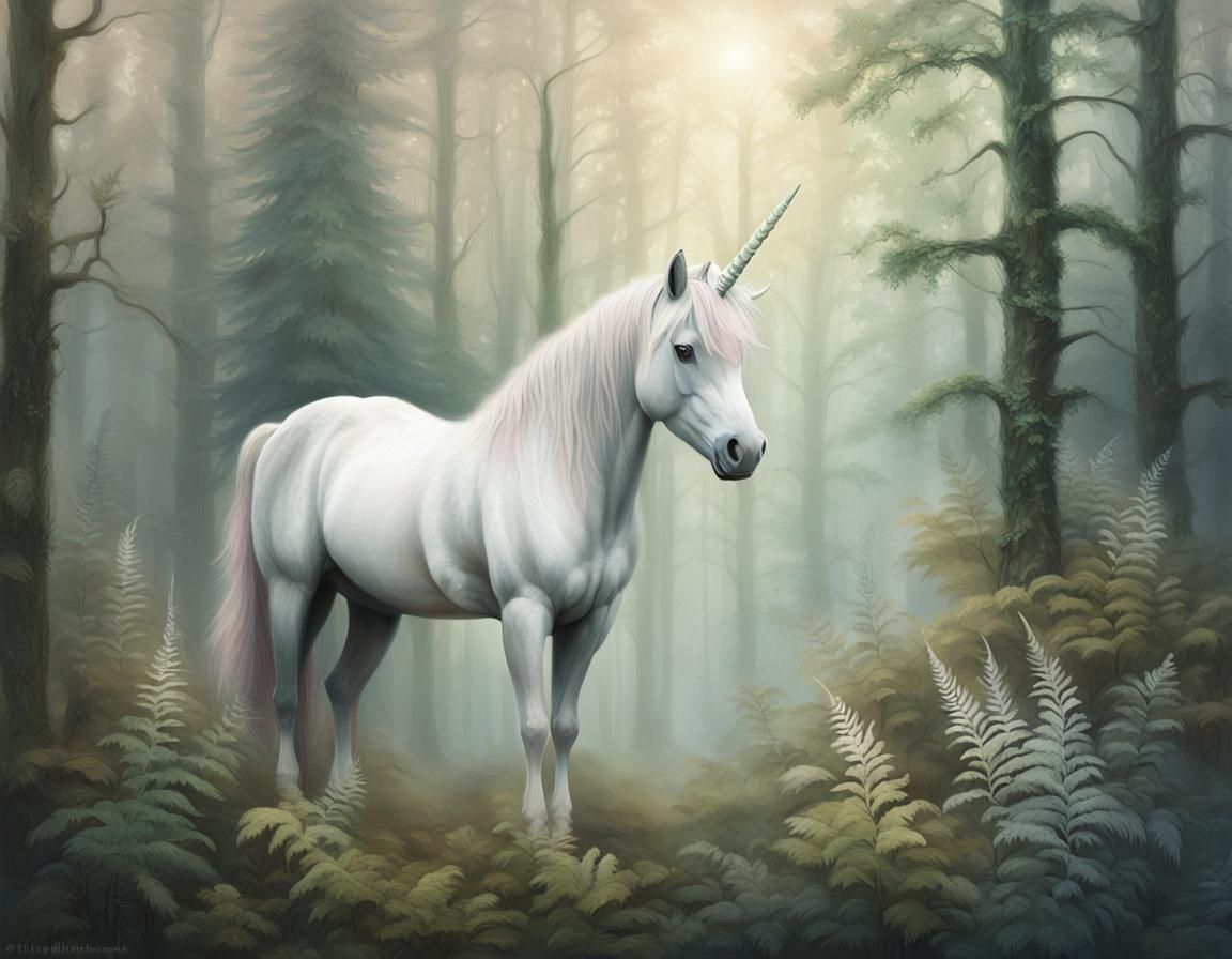 Unicorn in Misty Forest in Sfumato Style