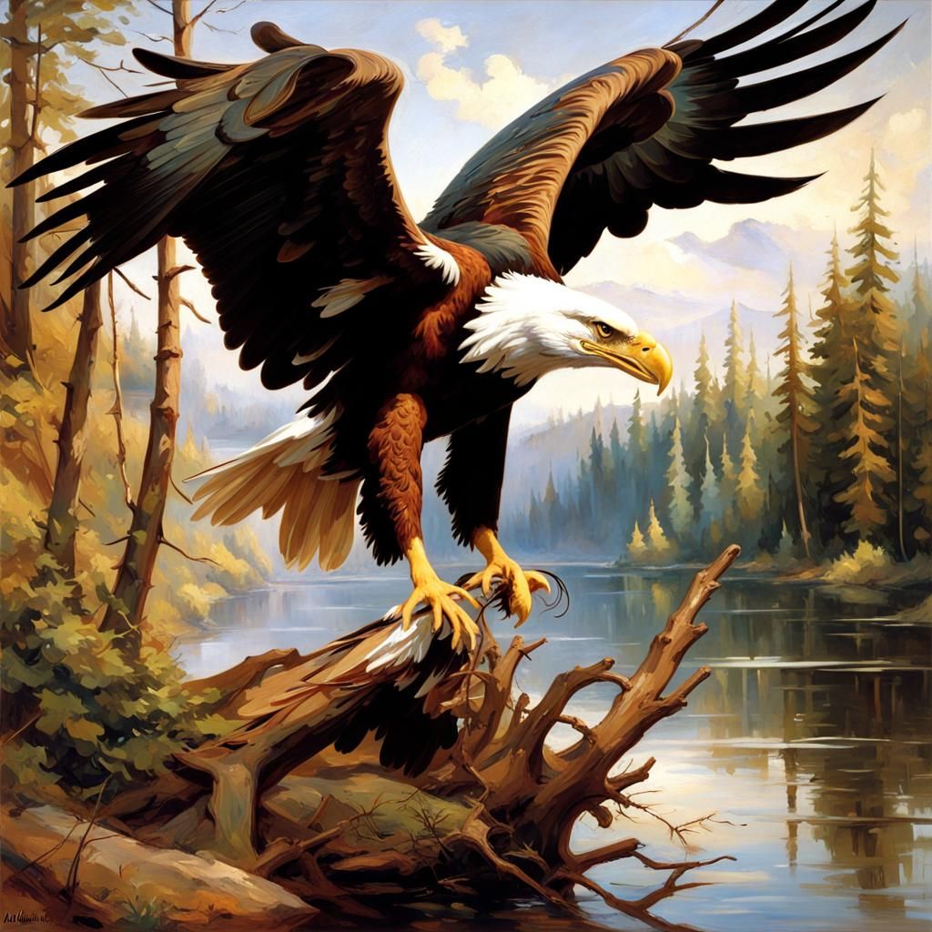 American Eagle Hunting over Forest Lake