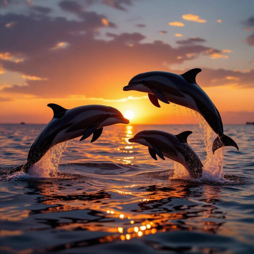Dolphins Leap Through Sunset on Tropical Shore