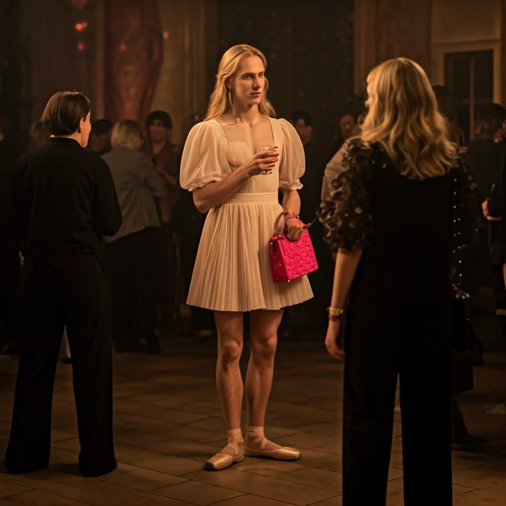 Man in Elegant Mini Dress, Conversing with Woman at Vibrant....