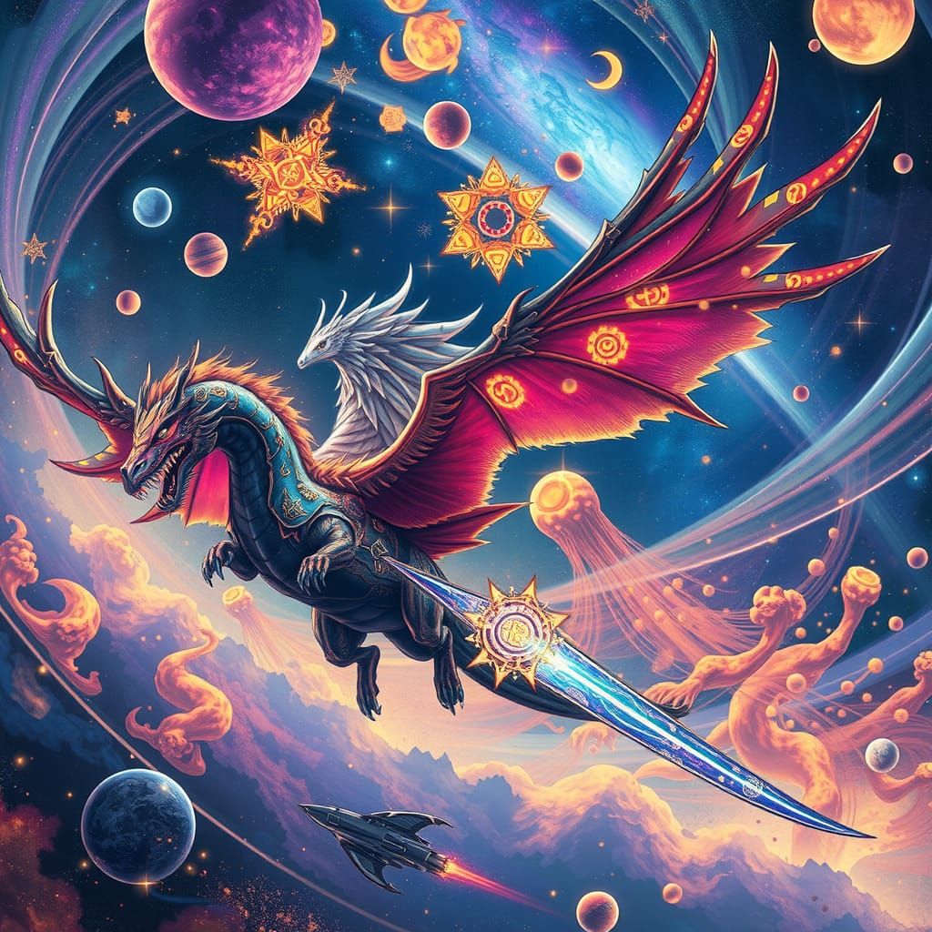 Astral Warrior on Dragon Soaring Through Galaxies