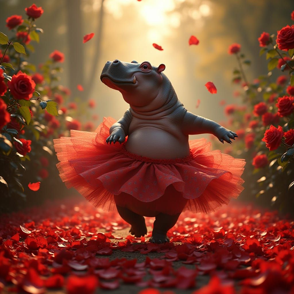 Ethereal Hippo Dances in Crimson Rose Garden, Cinematic Styl...