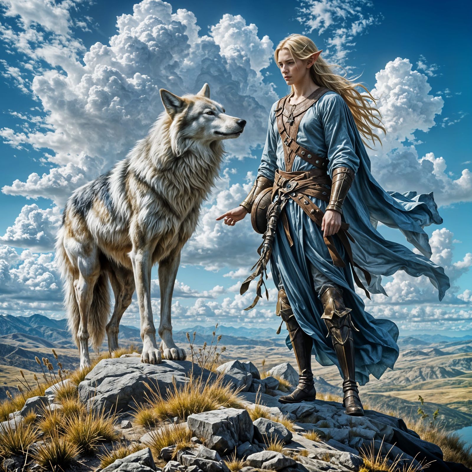 Elf Maiden and Wolf Guardian in Romantic Landscape