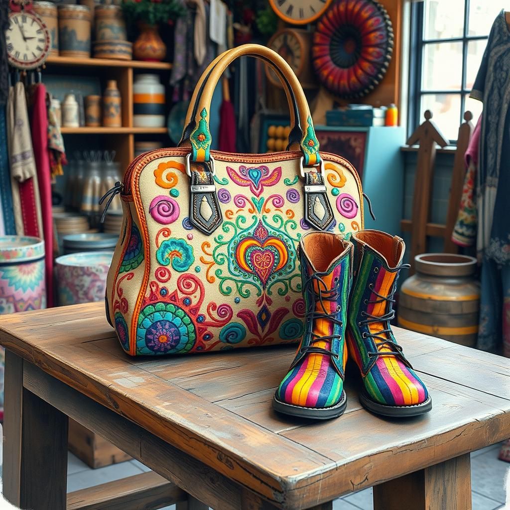 Rainbow Handbag and Boots in Gouache Style