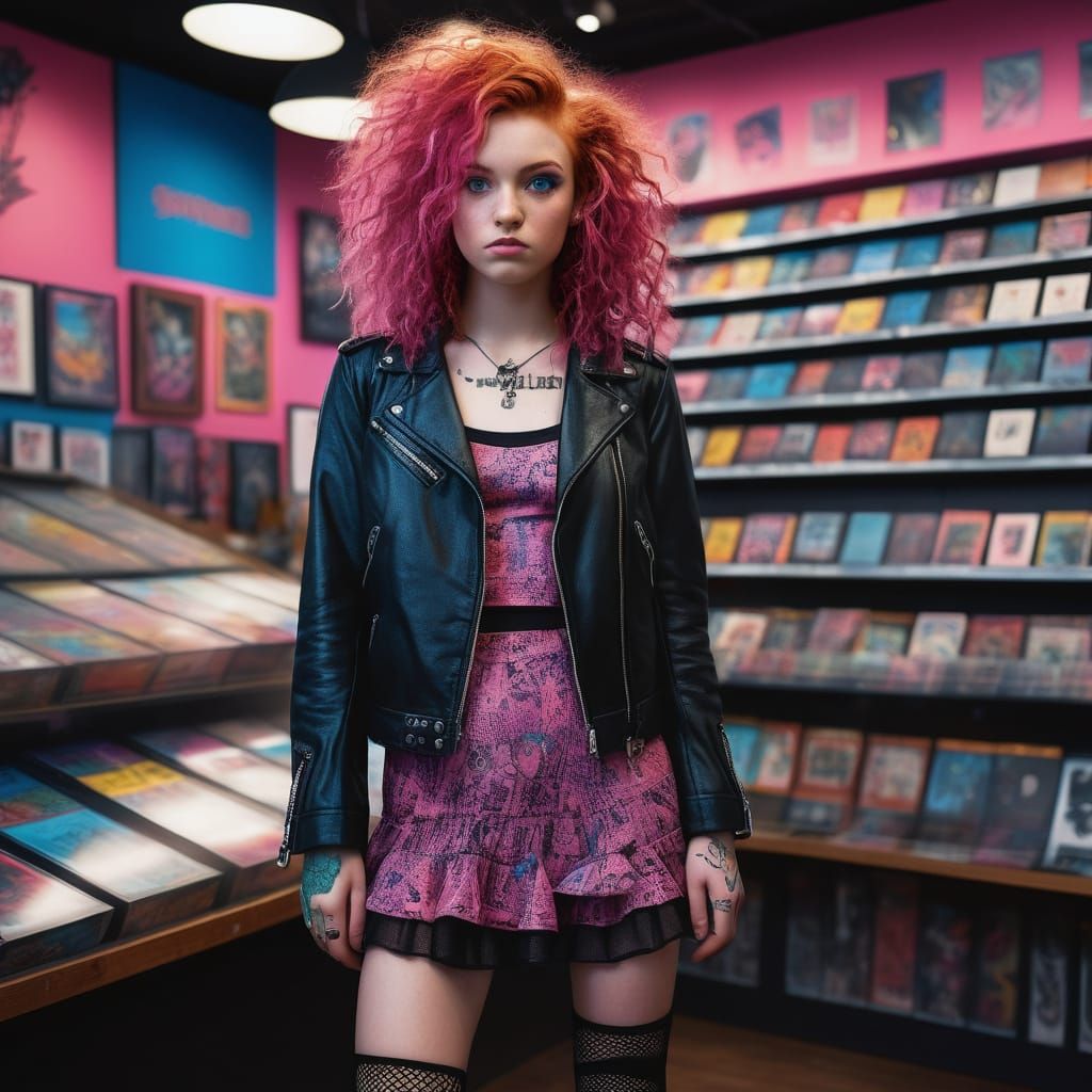 Punk Girl in Music Store: Hyperrealistic Concept Art