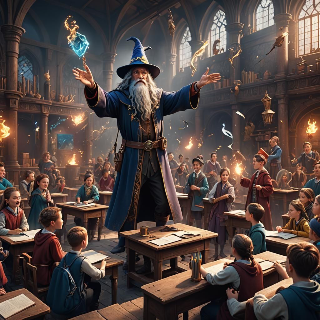 Wizard Teacher Performs Trick for Students: Fantasy Art